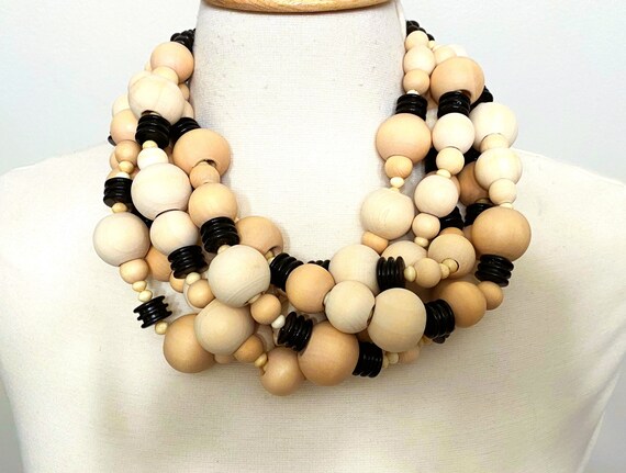 Modern Design Natural Wood Bead & Black Acrylic Multi Strand Necklace