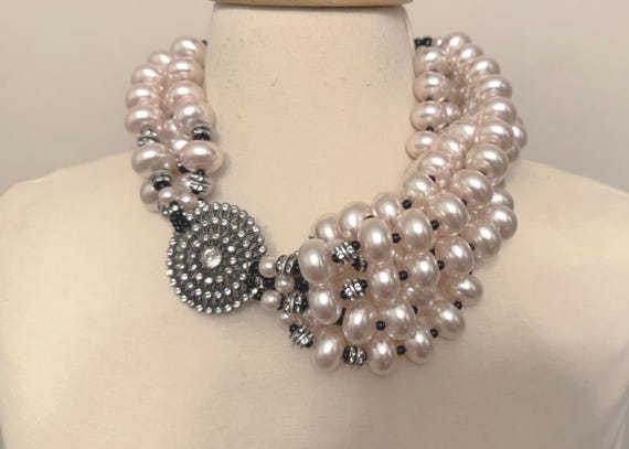 Gorgeous Light Pink Faux Pearl Beads, Rhinestones Multi Strand Necklace