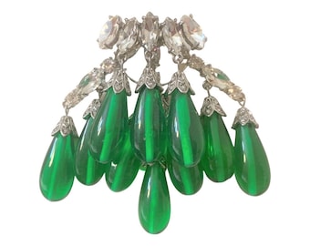 Exquisite Tear Drop Green Lucite, Silver Tone Crystal Rhinestones Pin Brooch