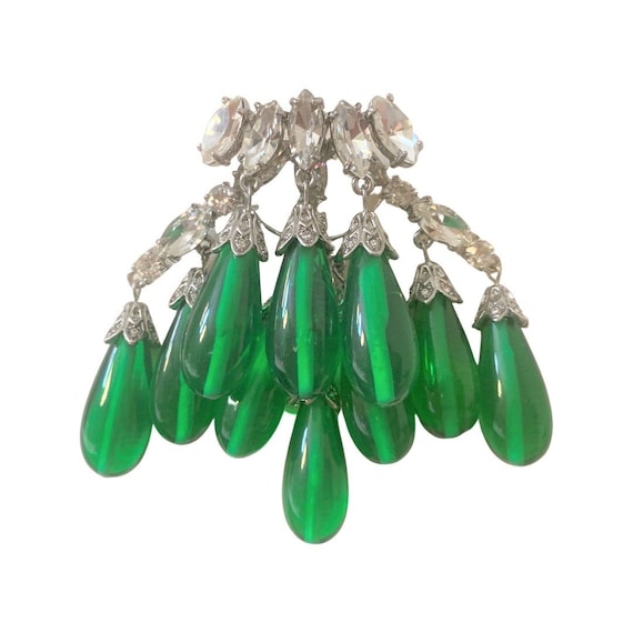 Exquisite Tear Drop Green Lucite, Silver Tone Crystal Rhinestones Pin Brooch