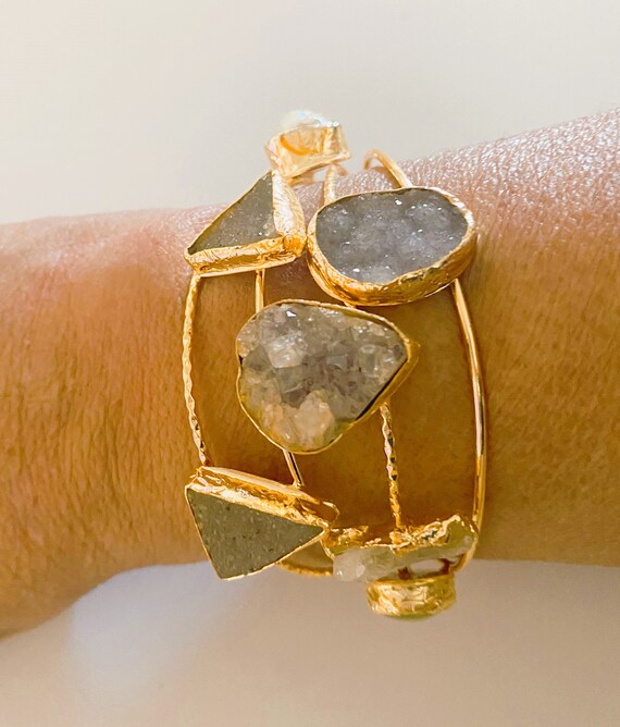 Gorgeous Satin Gold Tone Cuff Bracelet with Druzy Quartz & Pearl
