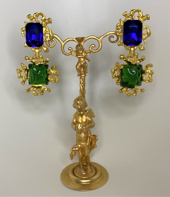 Stunning Green Acrylic Cabochon & Blue Rhinestones Pierced Earrings