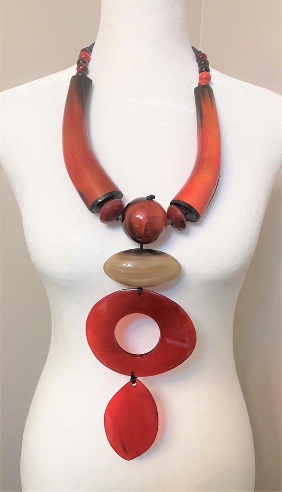 Fabulous Red & Orange Buffalo Horn Statement Designer Necklace