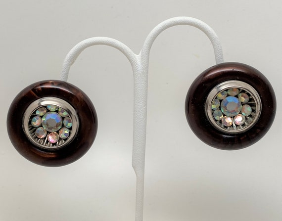 Gorgeous Vintage Wood & AB Rhinestone Large Clip On Earrings