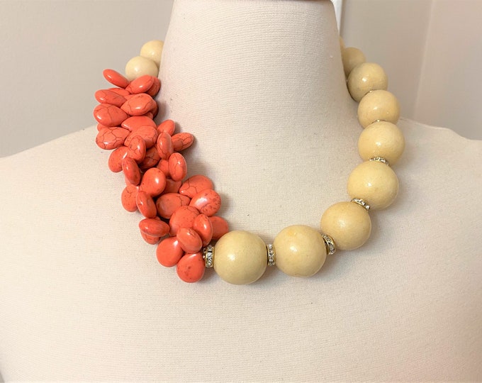 Fabulous off White Acrylic Beads & Faux Coral With Rhinestones Necklace ...