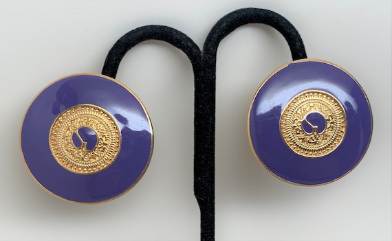 Vintage St. John Purple Enamel Gold Plated Collection Large Clip on Earrings