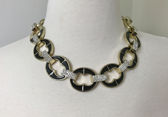 Fabulous Vintage Designer Gold-tone Link Black Enamel & Rhinestone Necklace