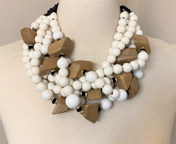 White & Beige Beads W Rhinestones Multi Strand Statement Necklace One of A Kind!