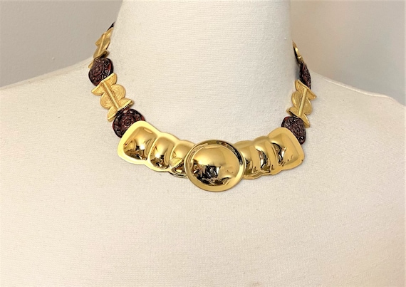 Vintage Polished & Satin Gold Tone, Carved Natural Stones Aztec Necklace
