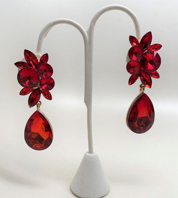 Stunning Ruby Red Rhinestone Dangle Earrings - image 1