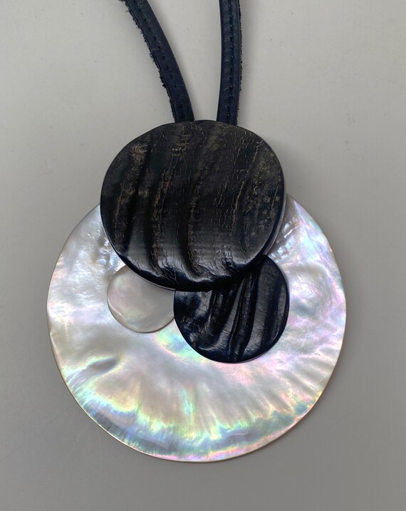 Gorgeous Gerda Lynggaard Monies  Leather, Mother of Pearl Seashell & Ebony Disk Pendant Necklace