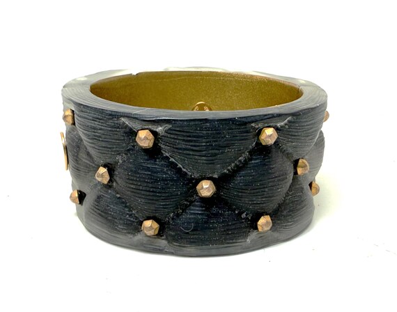 Alexis Bittar Wide Dark Grey Lucite Quilted Bangle Hinge Bracelet