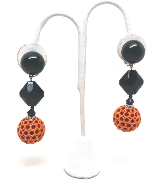 Italian Designer Angela Caputi Gorgeous Black & Faux Coral Clip On Earrings