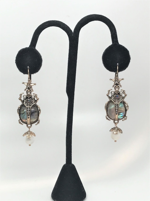 Vintage Oscar De La Renta Style Rhinestone Semi Precious Scarab Drop Pierced Earrings