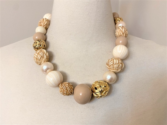 Vintage Givenchy Gold Plated, Beige Resin & Pearl Necklace