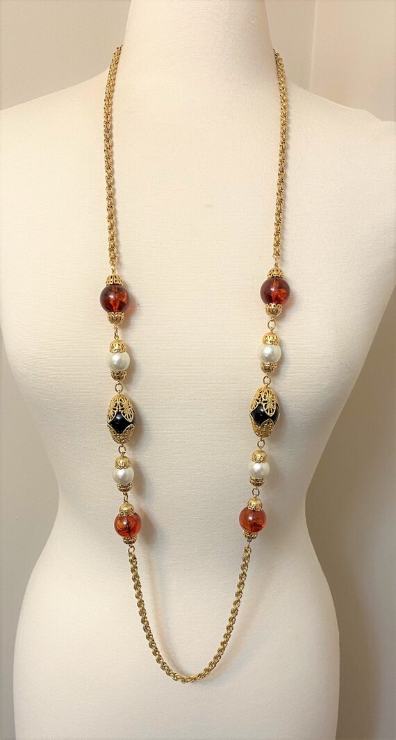 Vintage Chain Faux Pearl, Amber & Black Resin Bead
