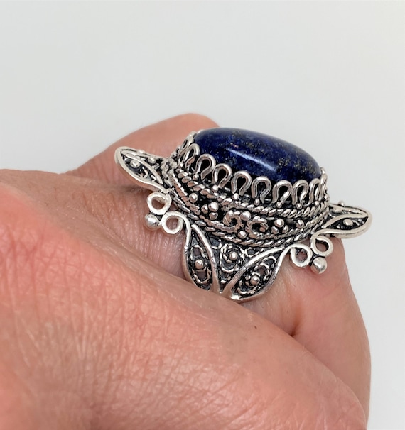 Sterling Silver .925 Lapis Lazuli Cabochon Handmade Filigree Ring 8