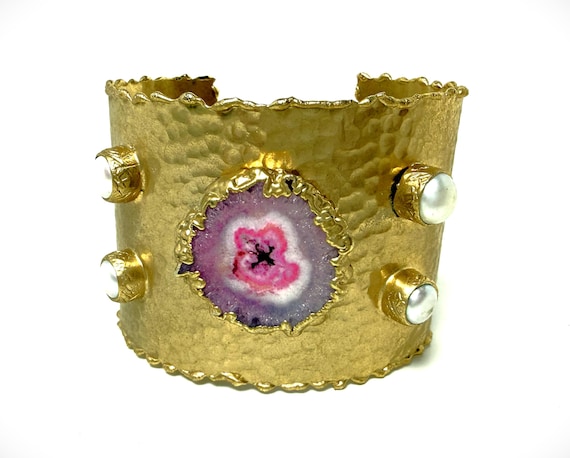 Hand Hammered Satin Gold Tone, Faux Pearl & Pink Quartz Cuff Bracelet