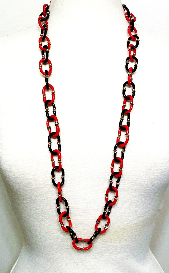 Venetian Signed Archimede Seguso For Chanel Black Red Glass Long Link Necklace