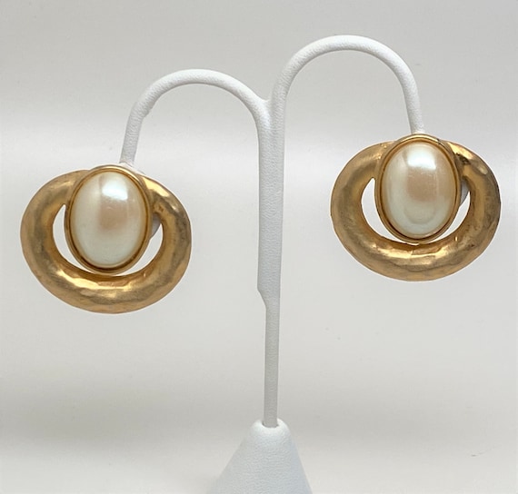Vintage Gold Tone & Faux Pearl large Cabochon Signed Clip On Earrings