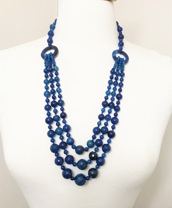 Gorgeous Vintage Blue Glass Multi Strand Necklace