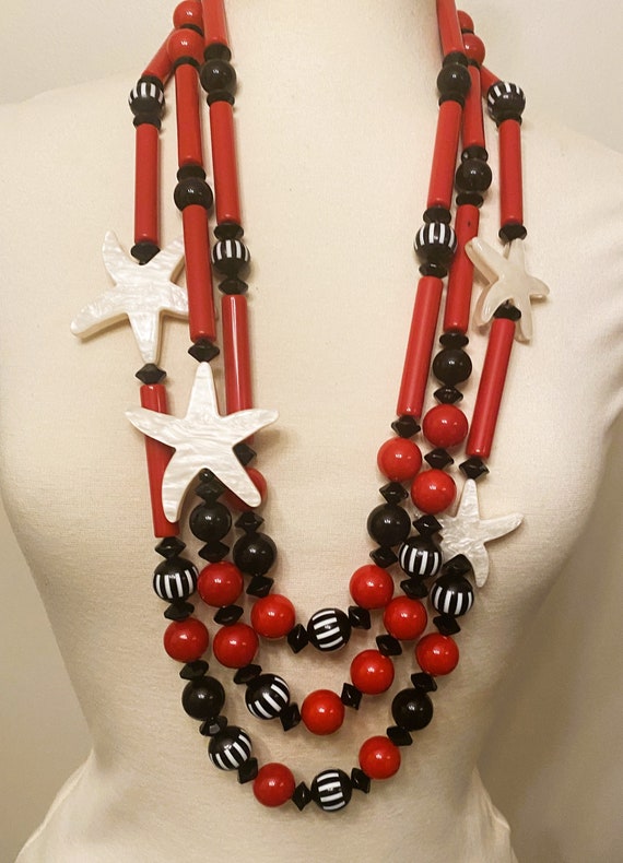Gorgeous Red Acrylic With Resin Starfish Multi Strands Long Necklace