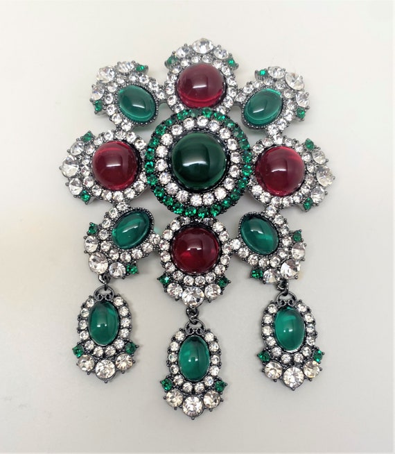 Signed Red, Green Glass Gripoix Style Cabochons, Rhinestones Large Pin Brooch 5"