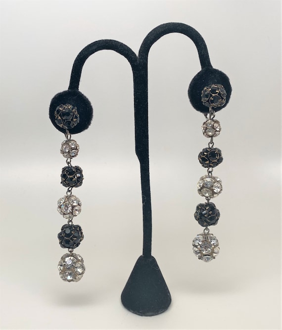 Vintage Black & Clear Rhinestones Clip on Long Earrings 4"