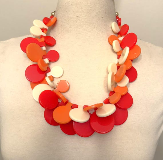 Gorgeous Red, Orange & Cream Color Resin Disks Statement Necklace