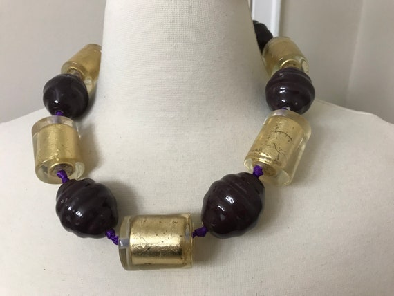 Stunning Couture Lucite Gold Leaf & Purple Beads … - image 2