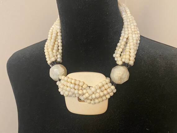Angela Caputi Multi Strands Cream Pearl Color & Black Resin Beads Necklace