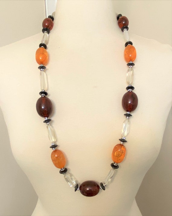Gorgeous Brown, Amber & Clear Lucite Beads Long N… - image 1