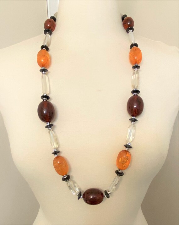 Gorgeous Brown, Amber & Clear Lucite Beads Long Necklace
