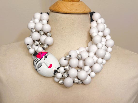 Gorgeous Art Deco Style Enamel Face, White Acrylic Beads, Rhinestones Necklace