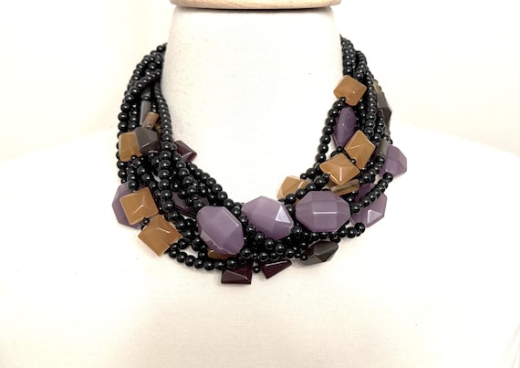 ANGELA CAPUTI Black With Purple, Burgundy & Amber Color Resin Beads Necklace