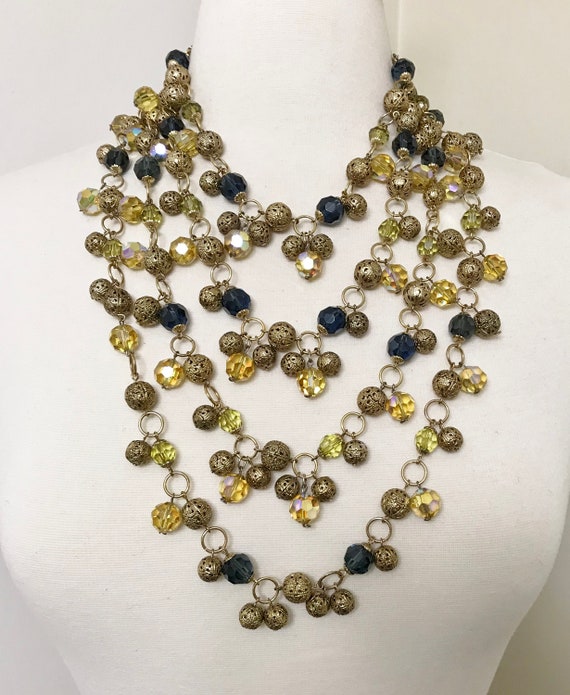 Vintage Gold Tone Filigree & Aurora Borealis Unsigned Hobe Statement Necklace