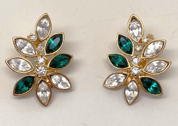 Vintage Monet Clear & Green Rhinestones Clip on Earrings