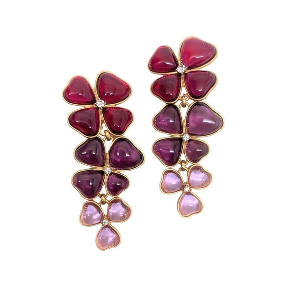Vibrant Red, Purple & Pink Glass Cabochon Gold Plated Clip on Long Earrings
