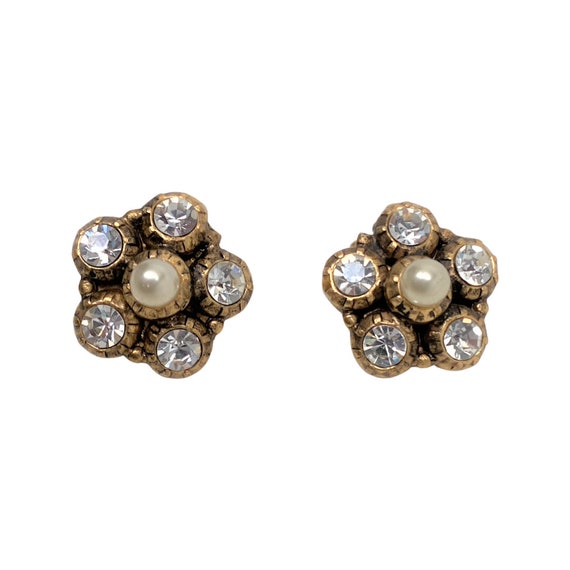 Vintage Faux Pearl & Crystal Clip Earrings - image 4