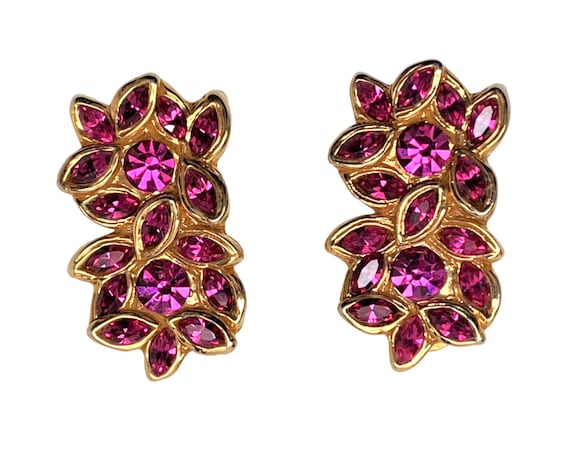 Vintage Christian Lacroix Gold Plated & Pink Crystal Drop Clip Earrings