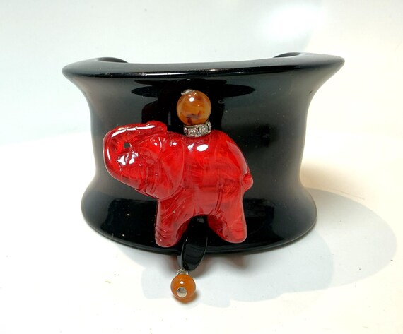 Gorgeous Angela Caputi Red Elephant, Black Resin Cuff Bracelet