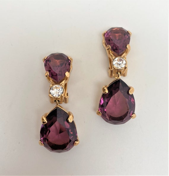 Vintage Christian Dior Faux Amethyst & Crystal Dangle Clip on Earrings
