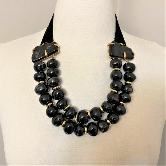 Vintage Christian Lacroix Black Enamel Glass With Velvet Ribbon Necklace