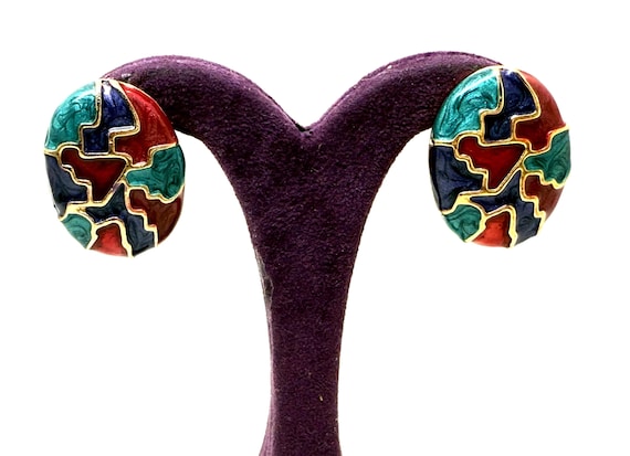 Vintage Gold Tone, Red, Blue & Green Enamel Clip on Earrings