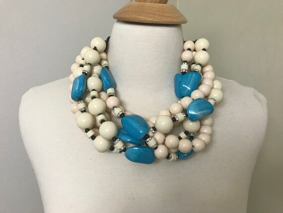 Off White & Blue W/Rhinestone Rondelles Necklace In The Style of Angela Caputi