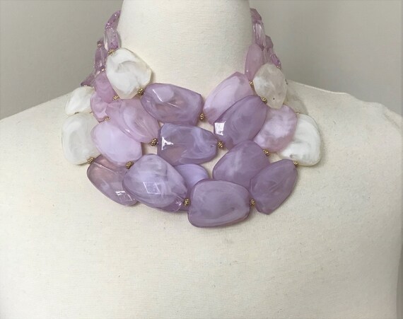 Gorgeous White & Purple Marbleized Faceted Acrylic Necklace Angela Caputi Style