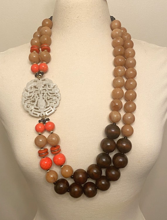 Exquisite Two Tone of Brown, Coral Color Resin Beads, Dyed Jade Long Necklace