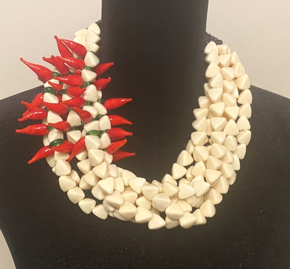 Fabulous Glass Red Chili Pepper & Off White Acrylic Beads Multi Strand Necklace