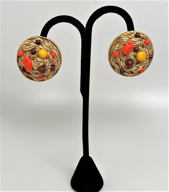 Vintage Gold Tone Cord With Orange, Brown & Yellow Glass Clip On Large Earrings