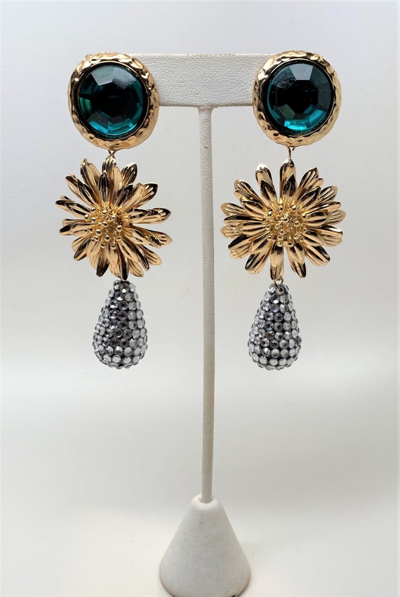 Beautiful Gold Tone Green & Clear Rhinestone Pierced Earrings